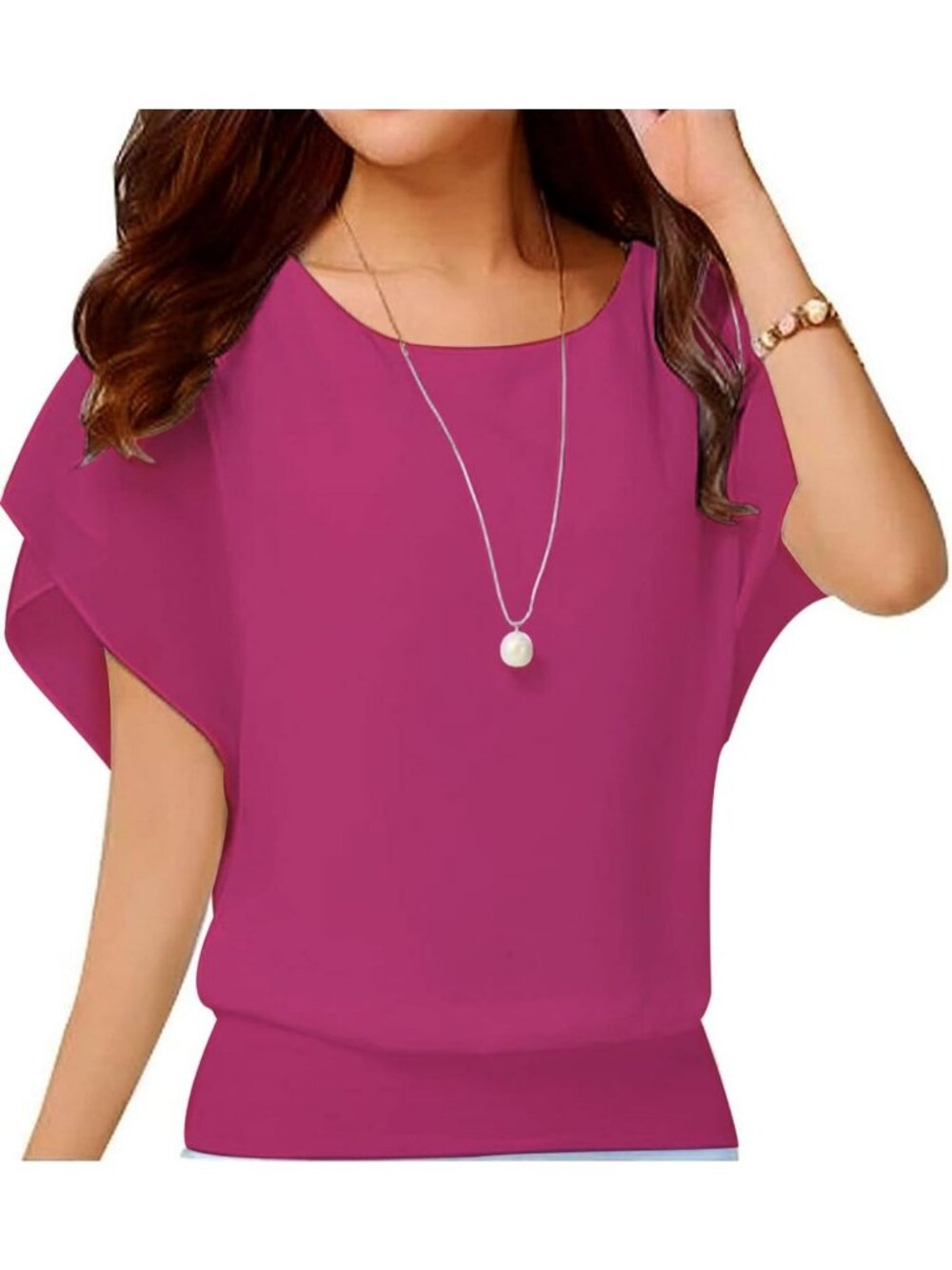 Women's Rose Red Elegant Loose Casual Short Sleeve Chiffon Top T Shirt Blouses
